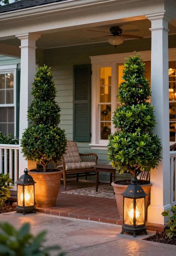 14 Front Porch Topiary Ideas That Stay Green Year-Round 11 14 Front Porch Topiary Ideas That Stay Green Year-Round - 10. Topiary with Lantern Accents 1