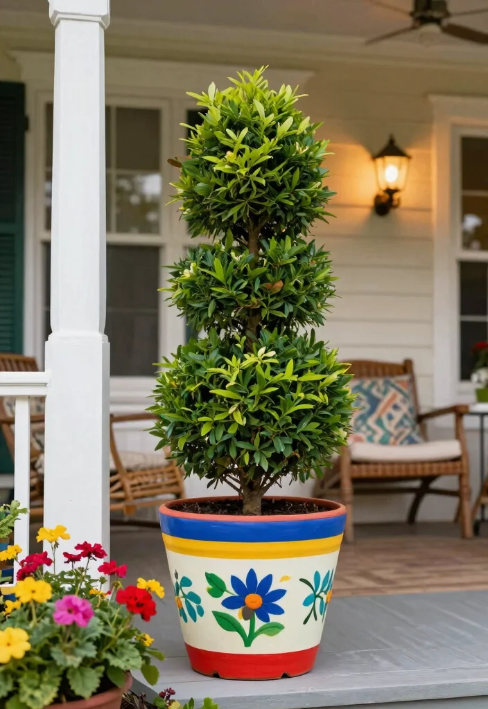 14 Front Porch Topiary Ideas That Stay Green Year-Round 12 14 Front Porch Topiary Ideas That Stay Green Year-Round - 11. Topiary with Colorful Accents 1