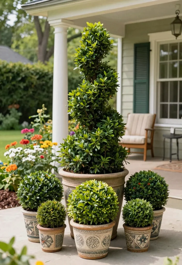 14 Front Porch Topiary Ideas That Stay Green Year-Round 6 14 Front Porch Topiary Ideas That Stay Green Year-Round - 5. Multi-Level Topiary Arrangement 1