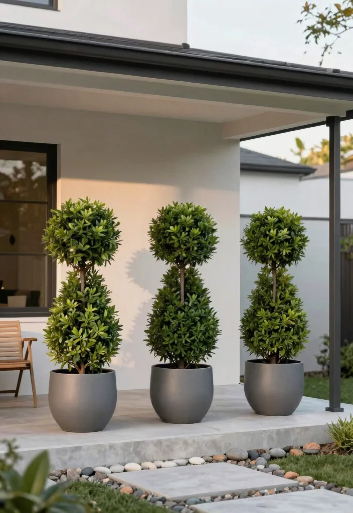 14 Front Porch Topiary Ideas That Stay Green Year-Round 7 14 Front Porch Topiary Ideas That Stay Green Year-Round - 6. Minimalist Topiary Trio 1