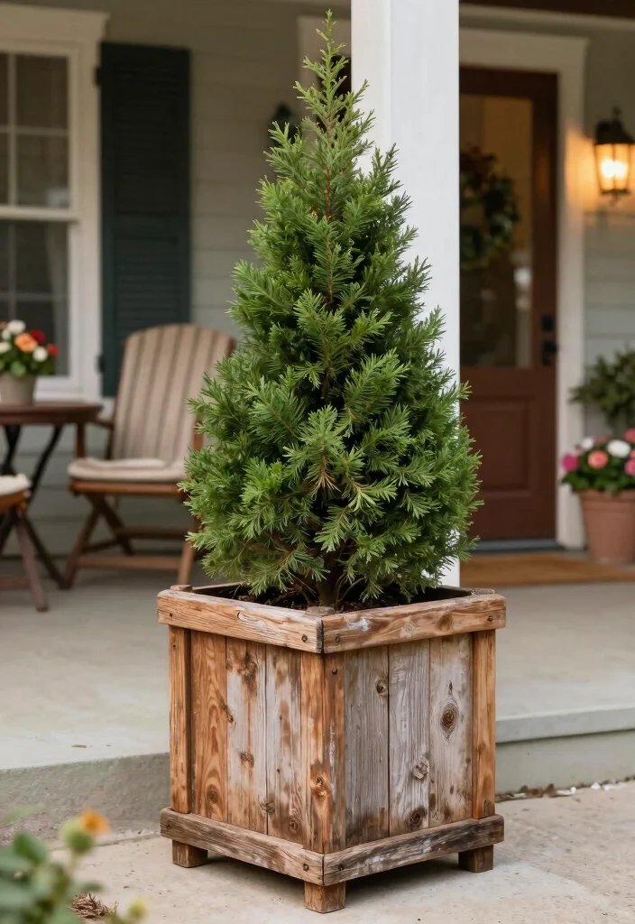 14 Front Porch Topiary Ideas That Stay Green Year-Round 8 14 Front Porch Topiary Ideas That Stay Green Year-Round - 7. Rustic Wooden Planter with Topiary 1