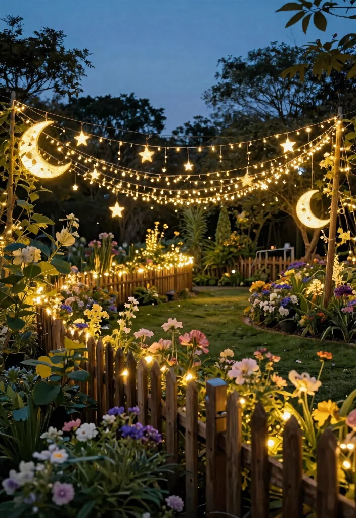 14 Lights on Fence Ideas That Stay Bright Without Running Wire - 13. Celestial String Lights 1