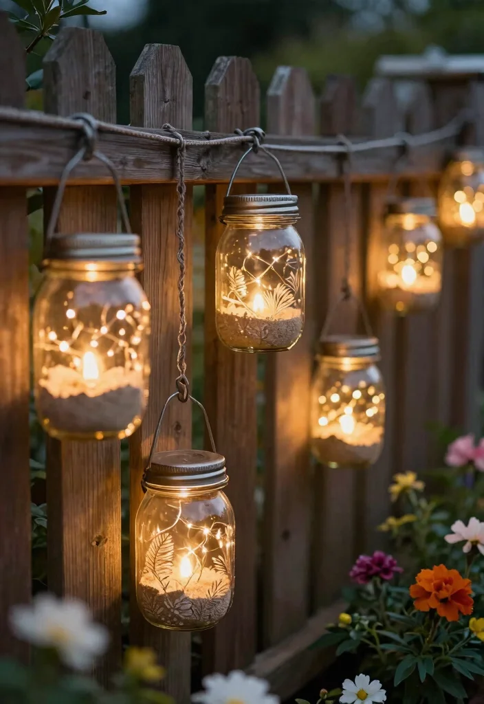 14 Lights on Fence Ideas That Stay Bright Without Running Wire - 7. Rustic Mason Jar Lanterns 1