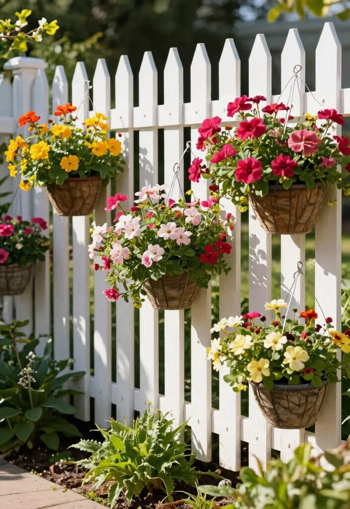 14 Picket Fence Decor Ideas That Add Charm Without Clutter - 8. Hanging Flower Baskets 1