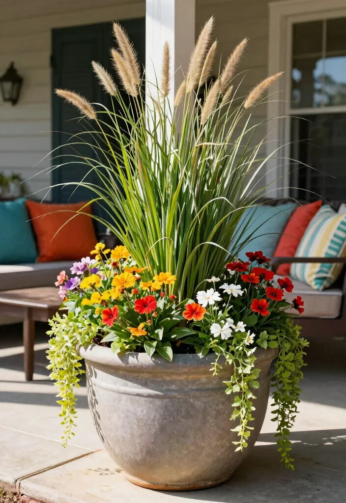 14 Porch Planter Ideas That Survive Heat and Missed Watering - 13. Statement Container Combinations 1