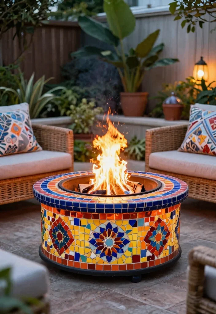 14 Small Backyard Fire Pit Ideas for Tight Spaces and HOA Rules - 12. Fire Pit with Mosaic Design 1