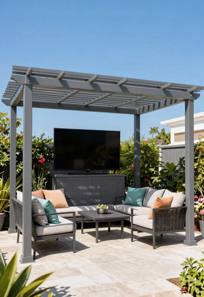 15 Backyard Patio TV Ideas That Don't Glare in Sunlight - 1. Pergola with Adjustable Louvers 1