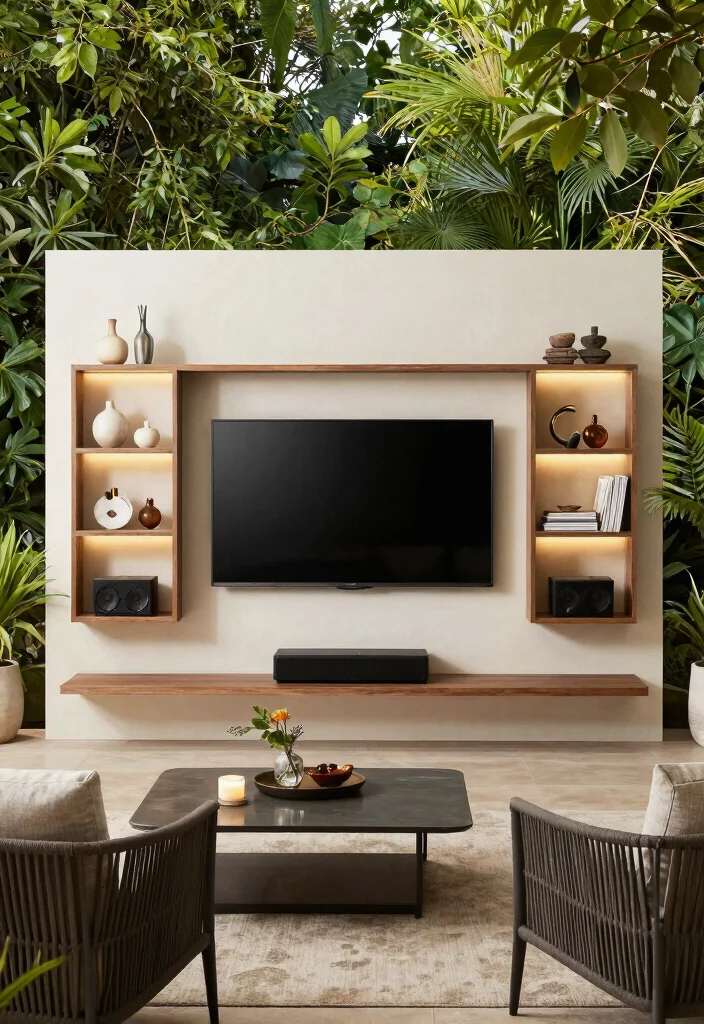 15 Backyard Patio TV Ideas That Don't Glare in Sunlight - 10. Wall-Mounted TVs with Built-In Shelving 1