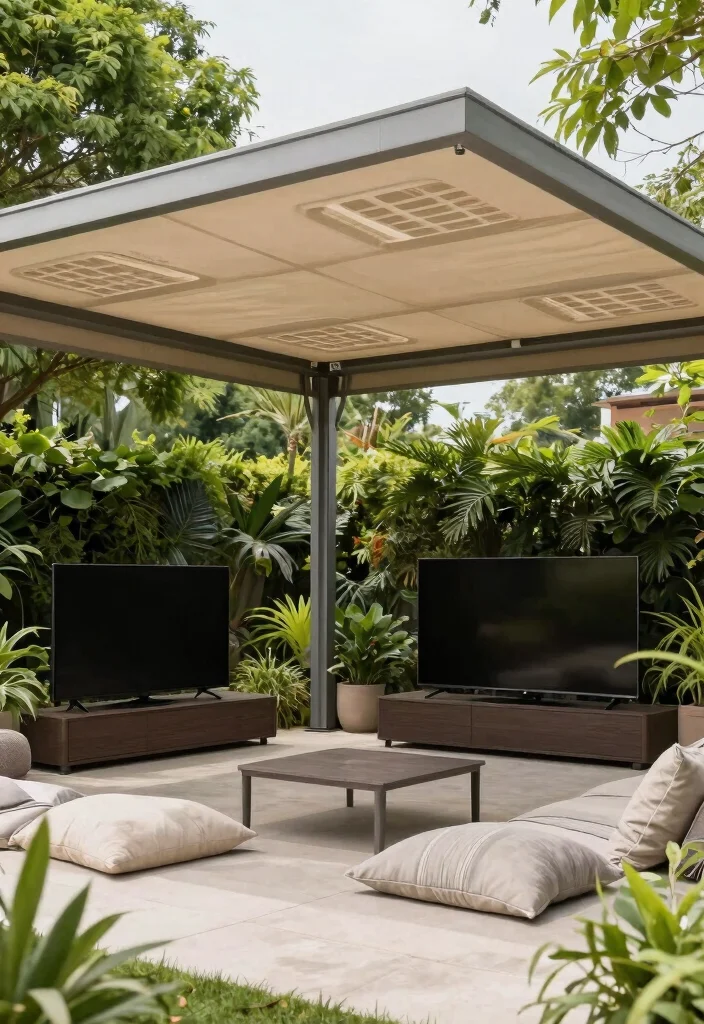 15 Backyard Patio TV Ideas That Don't Glare in Sunlight - 13. Canopies with Ventilation 1