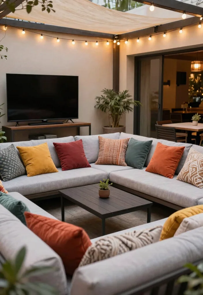 15 Backyard Patio TV Ideas That Don't Glare in Sunlight - 15. Comfortable Outdoor Cushions and Throws 1