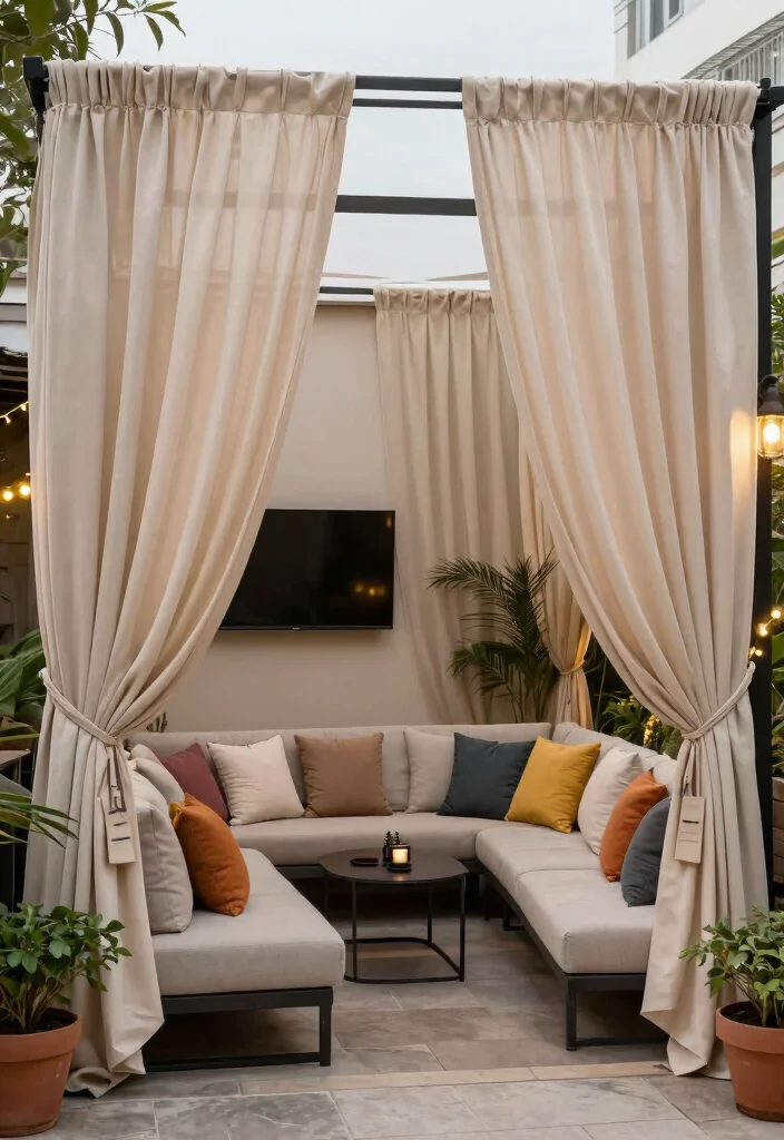 15 Backyard Patio TV Ideas That Don't Glare in Sunlight - 2. Outdoor Curtains for Shade and Privacy 1
