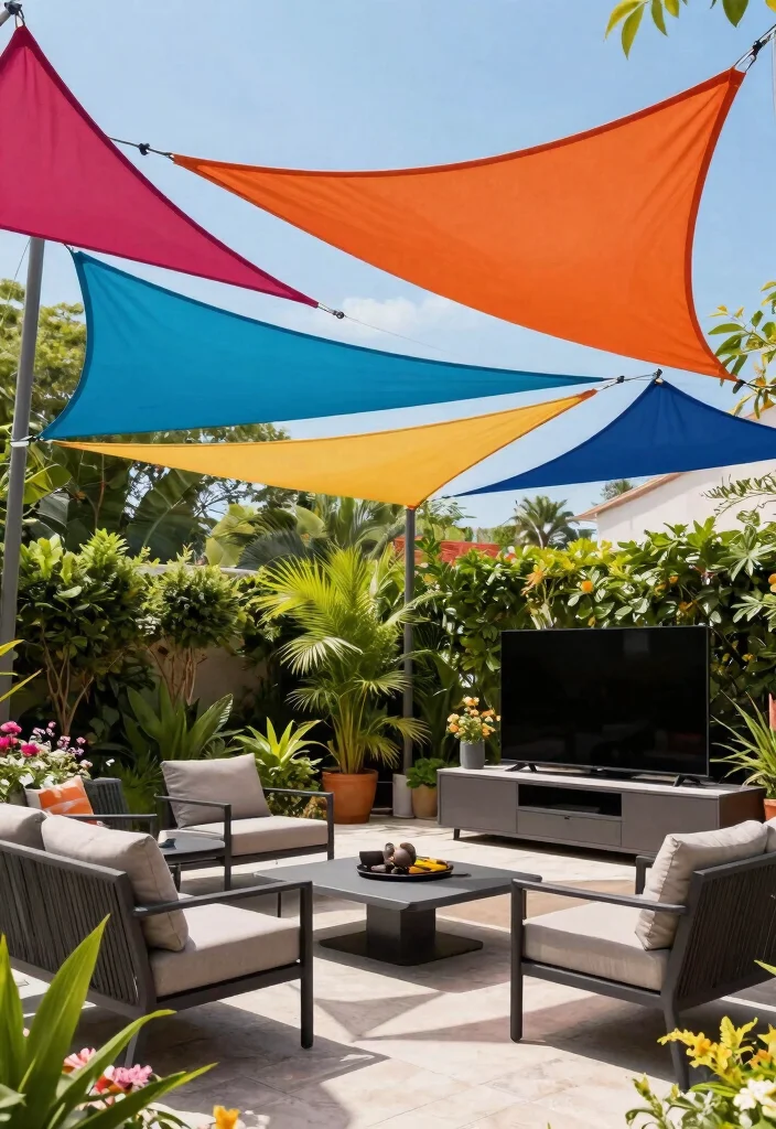 15 Backyard Patio TV Ideas That Don't Glare in Sunlight - 3. Shade Sails for Modern Aesthetics 1