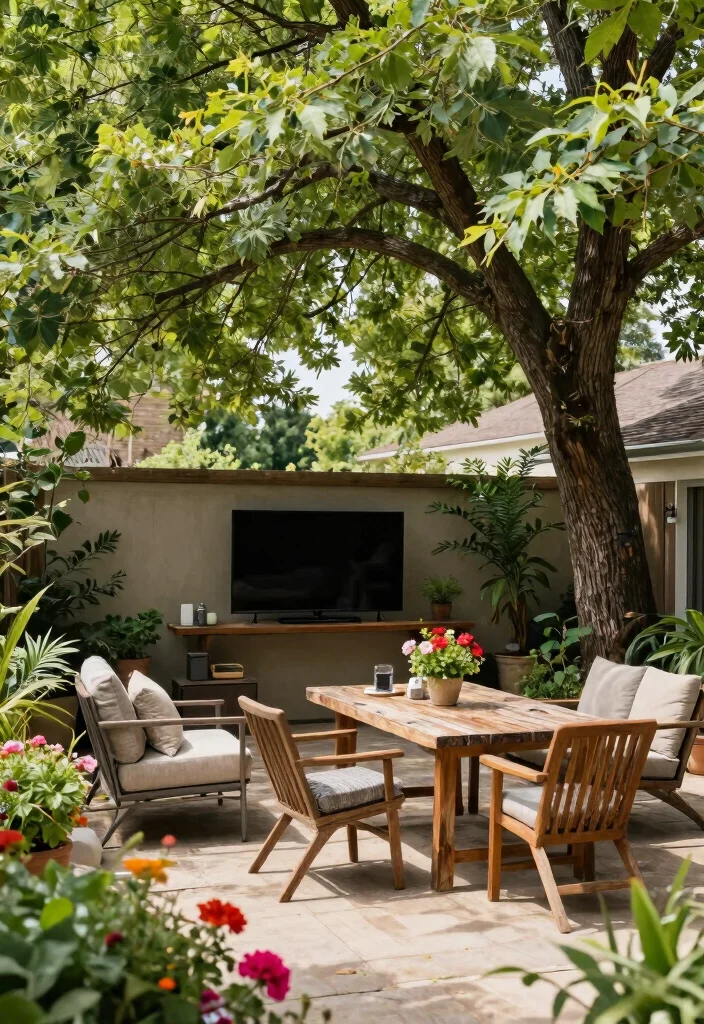15 Backyard Patio TV Ideas That Don't Glare in Sunlight - 5. Natural Shade from Trees 1
