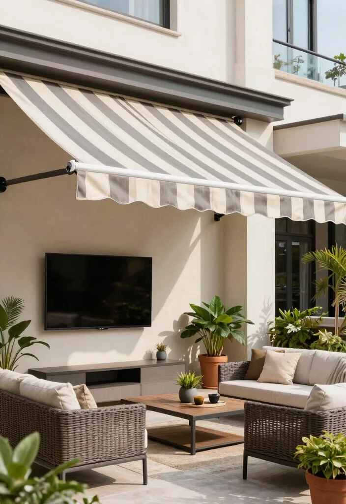 15 Backyard Patio TV Ideas That Don't Glare in Sunlight - 6. Retractable Awning for Flexibility 1
