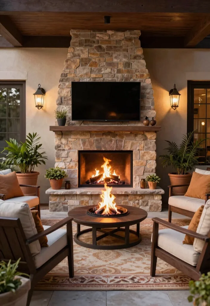 15 Backyard Patio TV Ideas That Don't Glare in Sunlight - 7. Built-In Outdoor Fireplace or Fire Pit 1