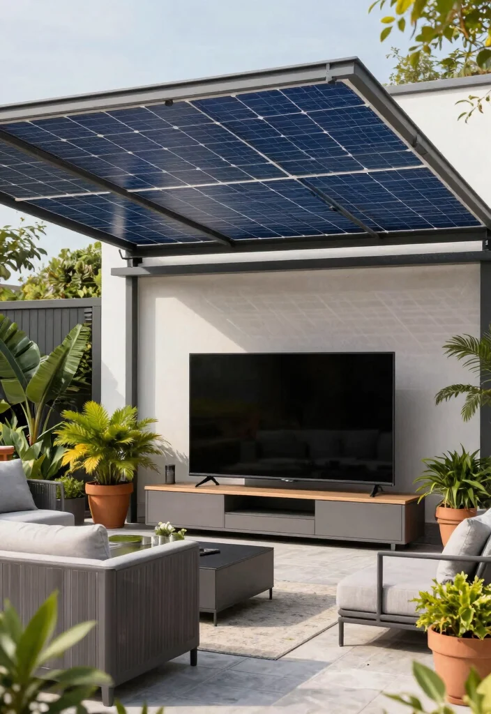 15 Backyard Patio TV Ideas That Don't Glare in Sunlight - 9. Solar-Powered Shades for Eco-Friendly Comfort 1
