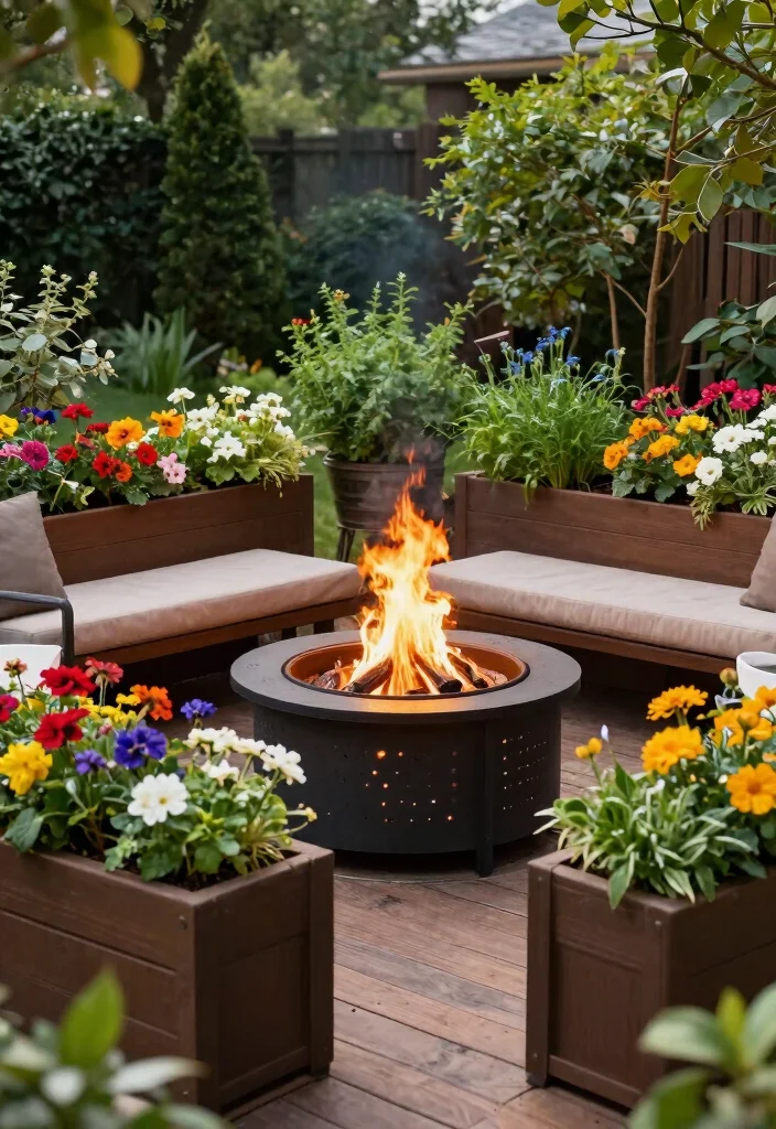 15 Deck Fire Pit Ideas That Meet Code Without a Permit - 4. Fire Pit with Planter Boxes 1