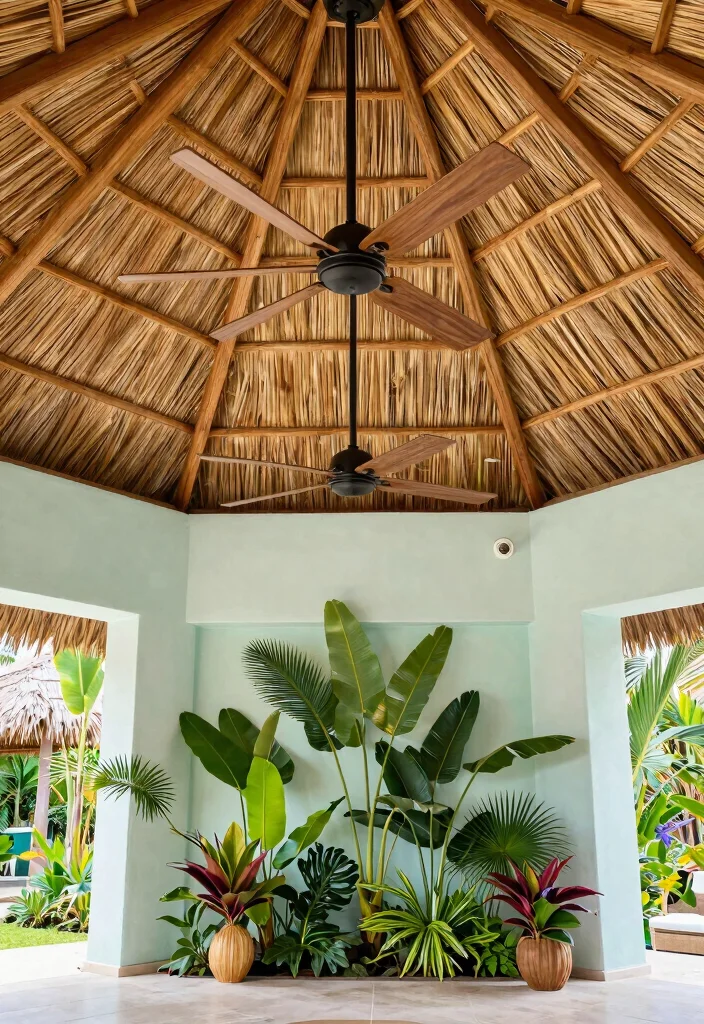 15 False Ceiling Ideas for Halls with Two Fans That Hide Wiring Cheap - 10. Tropical Thatched Ceiling for a Vacation Vibe 1