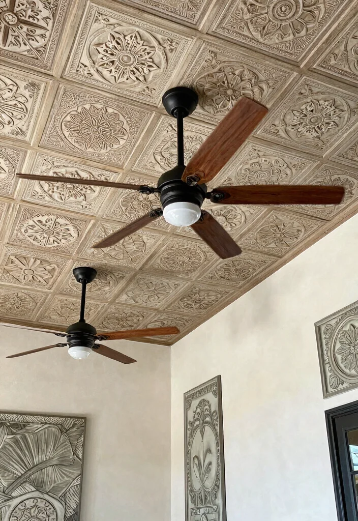 15 False Ceiling Ideas for Halls with Two Fans That Hide Wiring Cheap - 11. Decorative Ceiling Tiles for Added Style 1