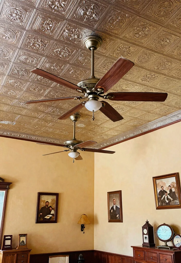 15 False Ceiling Ideas for Halls with Two Fans That Hide Wiring Cheap - 12. Vintage Tin Ceiling for Timeless Charm 1