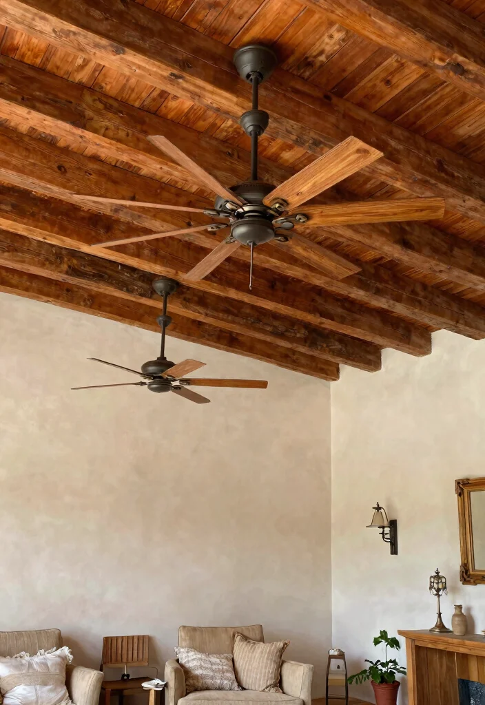 15 False Ceiling Ideas for Halls with Two Fans That Hide Wiring Cheap - 2. Rustic Wooden Beams with Fan-Friendly Design 1