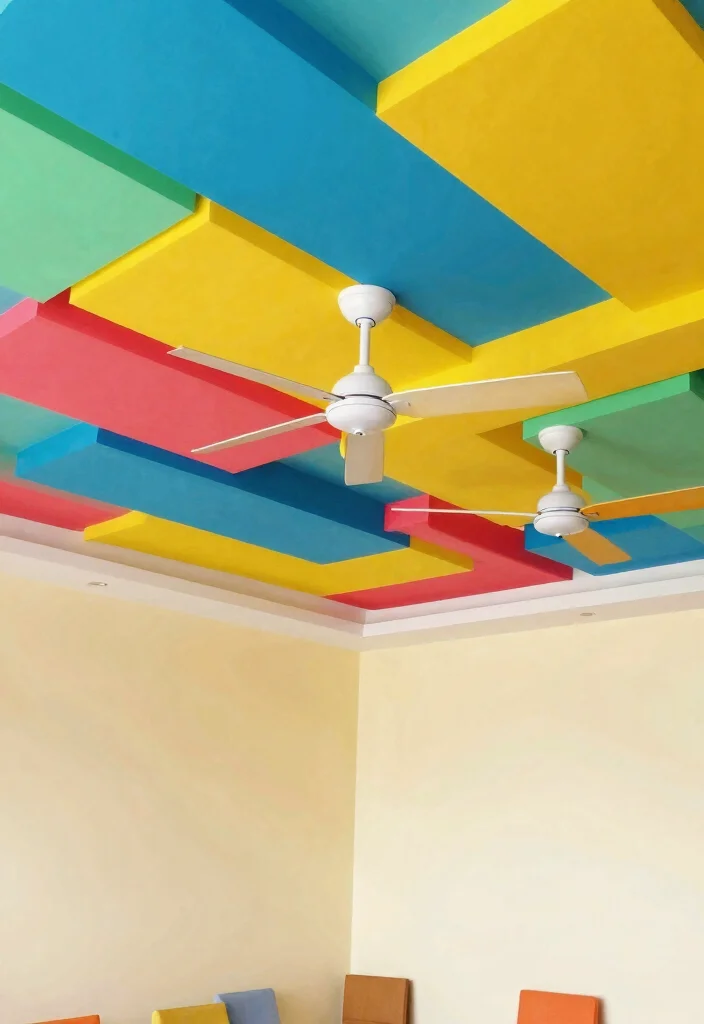 15 False Ceiling Ideas for Halls with Two Fans That Hide Wiring Cheap - 8. Colorful POP False Ceiling to Brighten Up Your Space 1