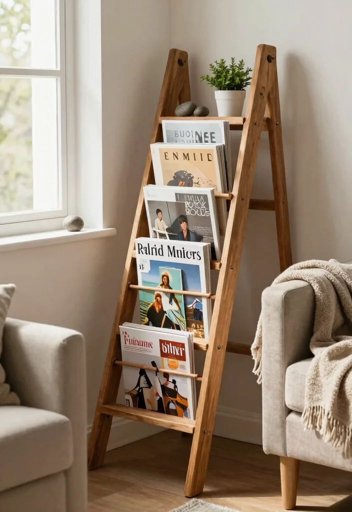 15 Farmhouse Ladder Decor Ideas That Fill Empty Corners on a Budget - 10. Vintage Magazine Rack 1