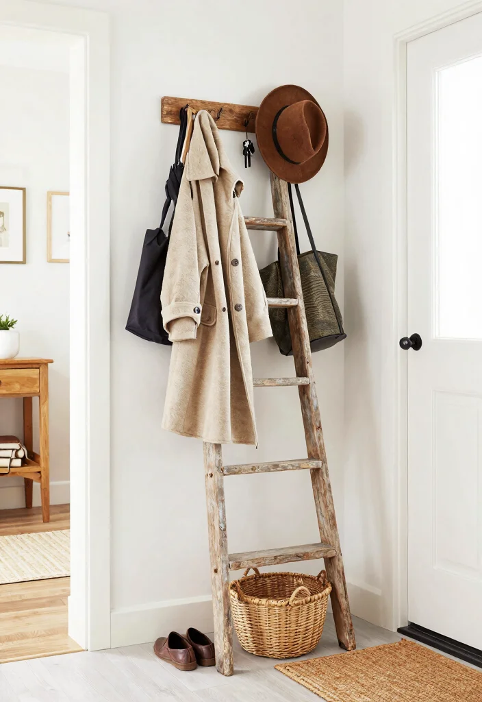 15 Farmhouse Ladder Decor Ideas That Fill Empty Corners on a Budget - 11. Entryway Charm 1