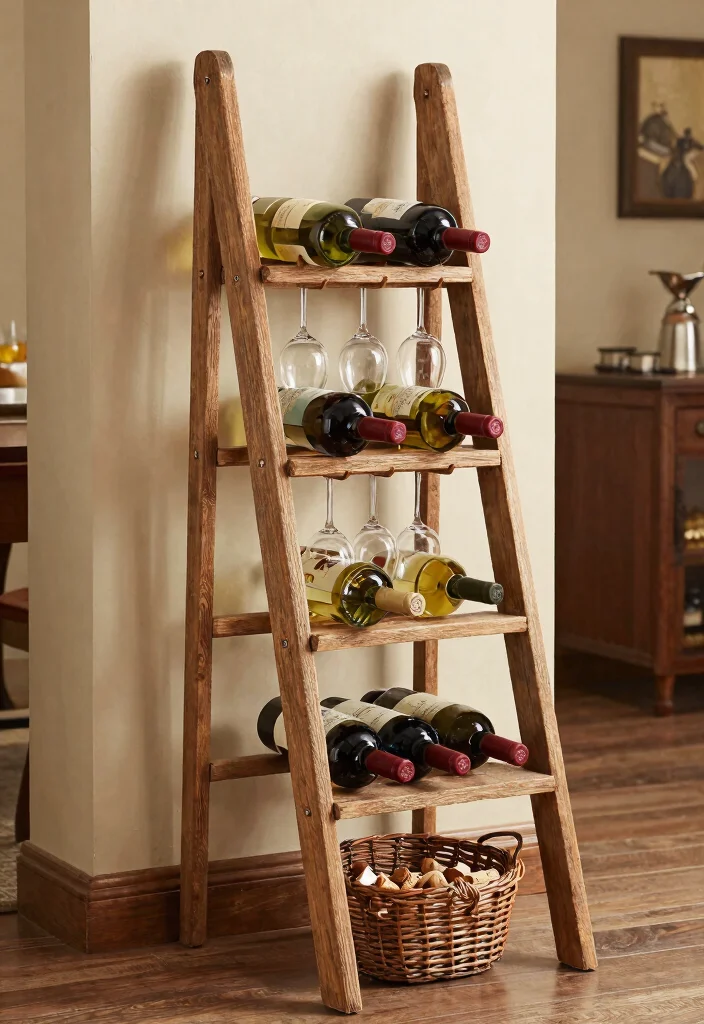 15 Farmhouse Ladder Decor Ideas That Fill Empty Corners on a Budget - 14. Decorative Wine Rack 1