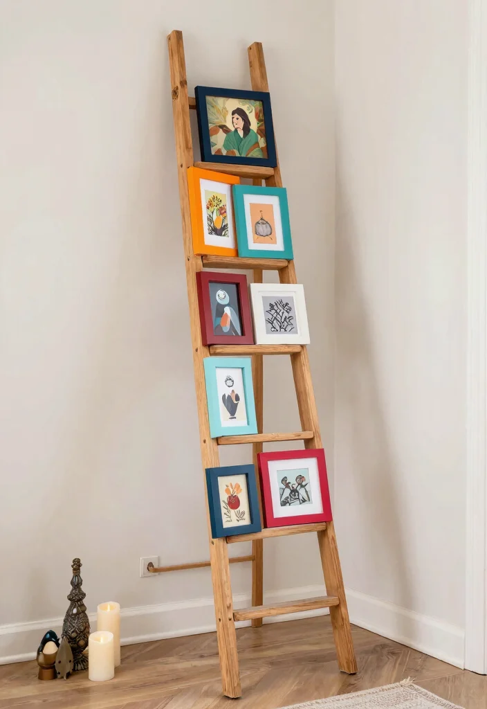 15 Farmhouse Ladder Decor Ideas That Fill Empty Corners on a Budget - 15. Artistic Display 1