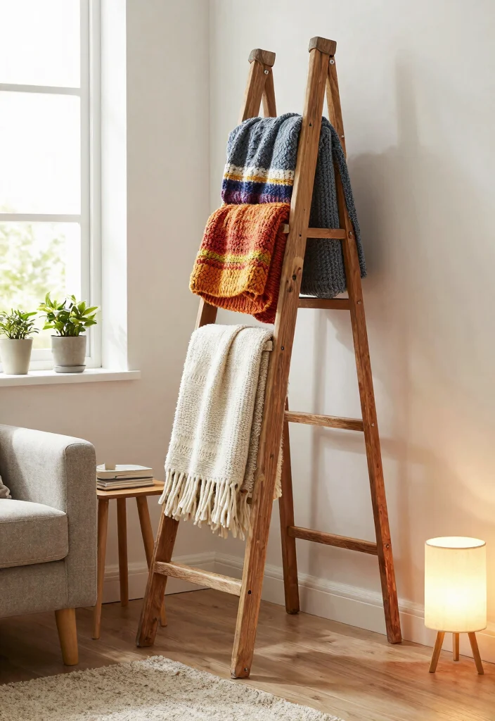 15 Farmhouse Ladder Decor Ideas That Fill Empty Corners on a Budget - 2. Cozy Blanket Display 1