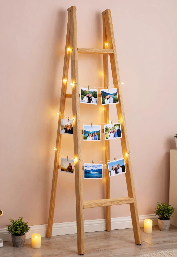 15 Farmhouse Ladder Decor Ideas That Fill Empty Corners on a Budget - 3. Picturesque Photo Display 1