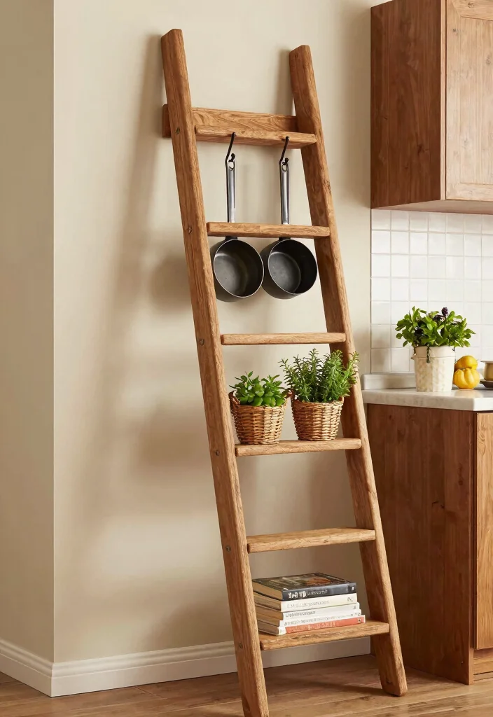 15 Farmhouse Ladder Decor Ideas That Fill Empty Corners on a Budget - 4. Rustic Kitchen Storage 1