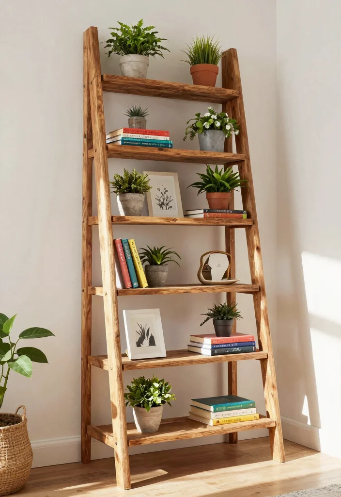 15 Farmhouse Ladder Decor Ideas That Fill Empty Corners on a Budget - 6. Charming Corner Shelving 1