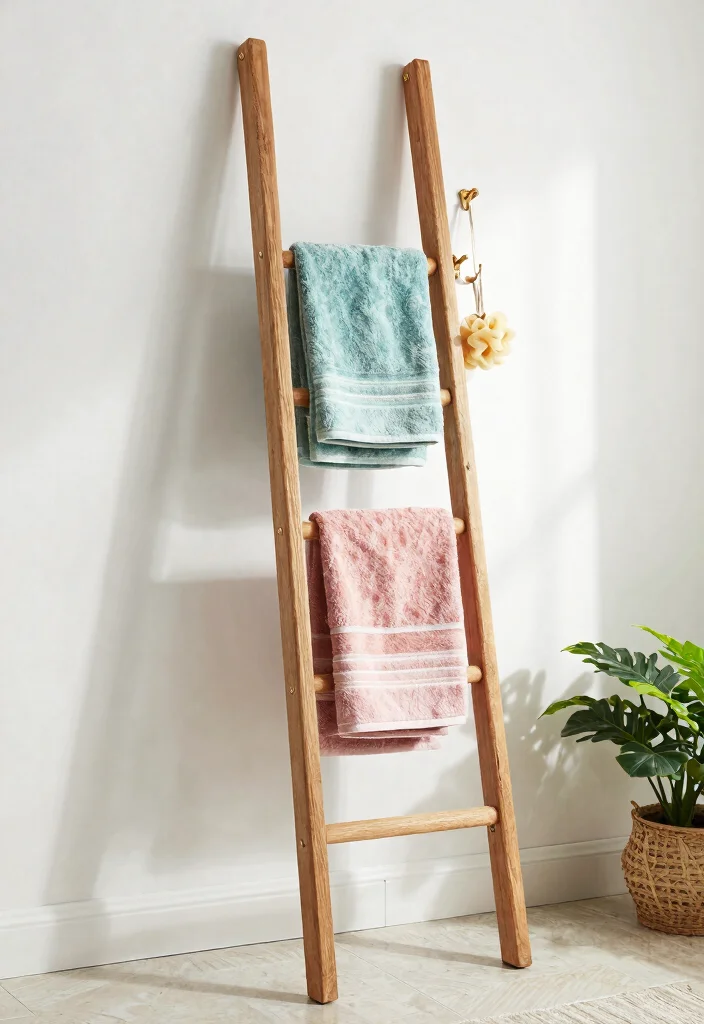 15 Farmhouse Ladder Decor Ideas That Fill Empty Corners on a Budget - 7. Creative Towel Rack 1