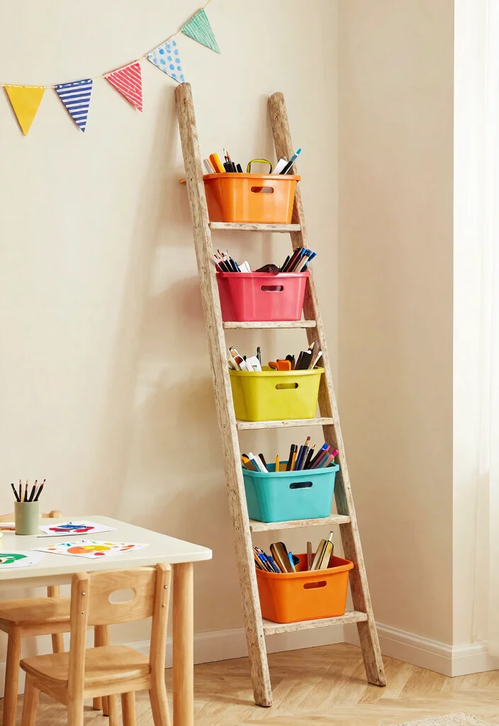 15 Farmhouse Ladder Decor Ideas That Fill Empty Corners on a Budget - 8. Crafty Kid's Corner 1