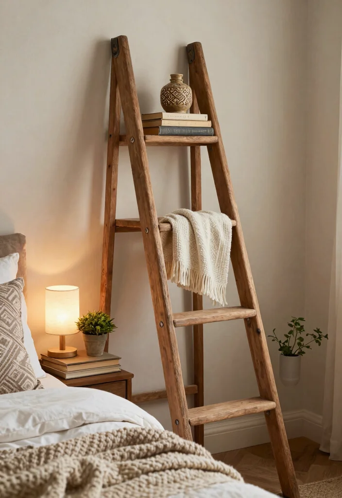 15 Farmhouse Ladder Decor Ideas That Fill Empty Corners on a Budget - 9. Bedside Ladder Table 1