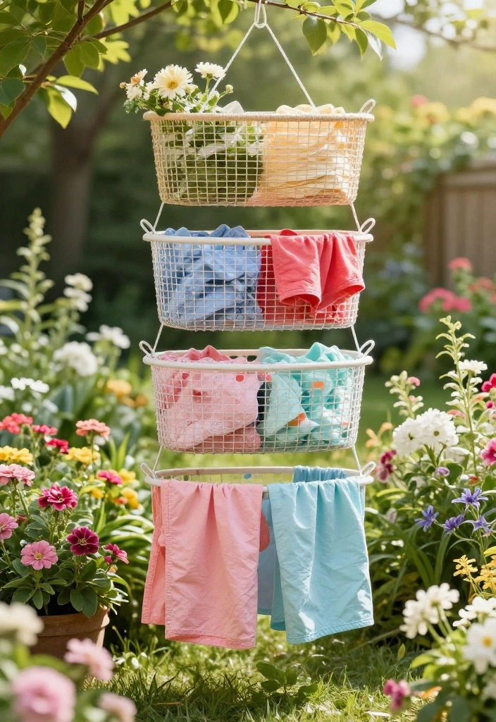 15 Outdoor Clothes Line Ideas That Don't Ruin Your Backyard View - 12. Tiered Hanging Baskets 1
