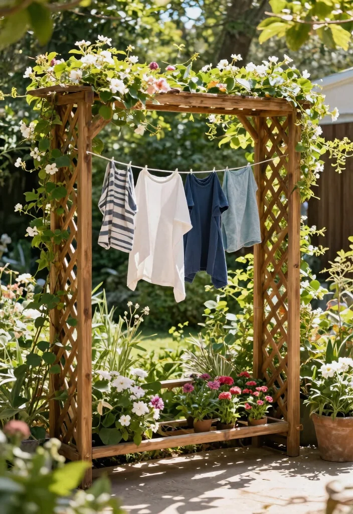 15 Outdoor Clothes Line Ideas That Don't Ruin Your Backyard View - 4. Decorative Lattice Frame Lines 1