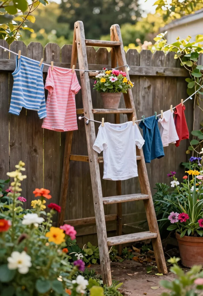 15 Outdoor Clothes Line Ideas That Don't Ruin Your Backyard View - 9. Hanging Ladder Lines 1