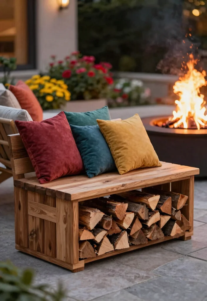 15 Patio Fireplace Ideas on a Budget Without a Full Masonry Build 16 15 Patio Fireplace Ideas on a Budget Without a Full Masonry Build - 15. Firewood Bench: Functional and Stylish 1