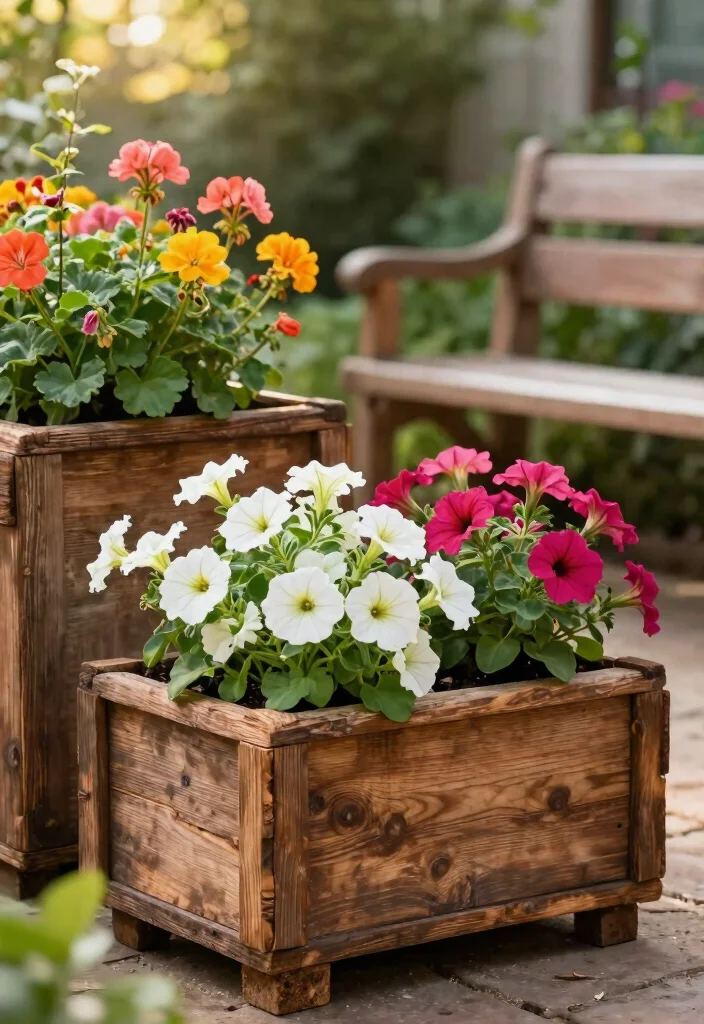 15 Summer Flower Pots That Bloom All Season Without Replanting - 13. Rustic Wooden Planters 1