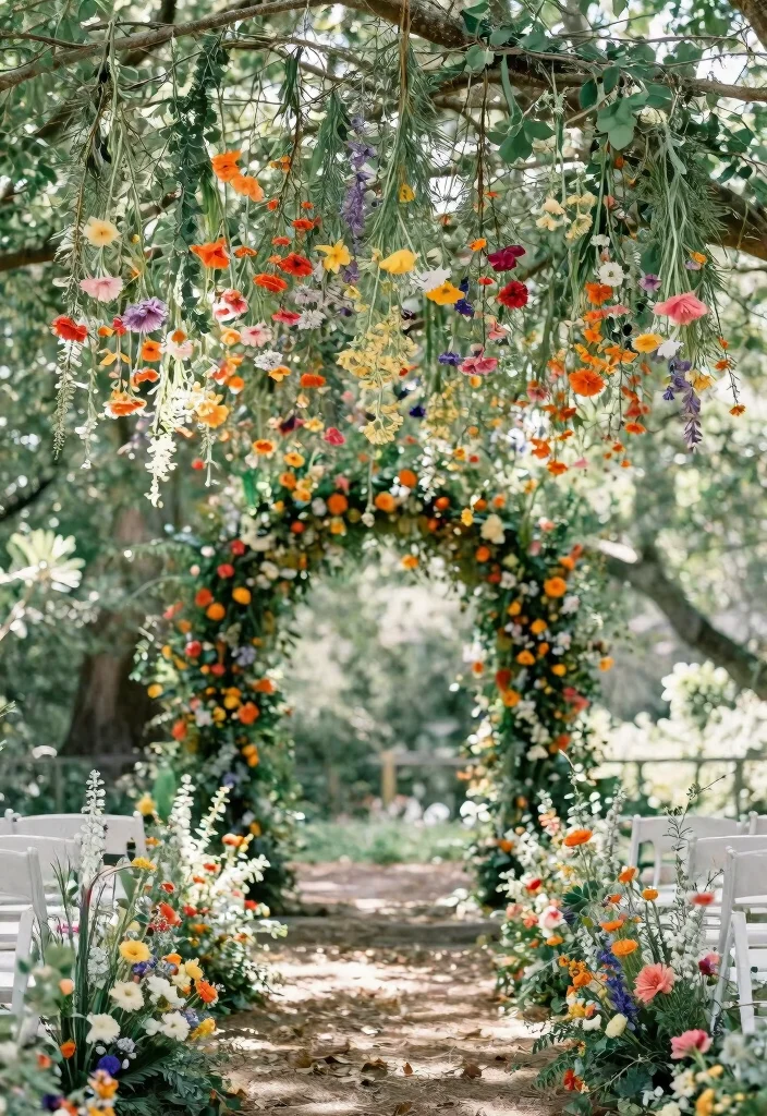 15 Wedding Aisle Decorations Outdoor That Won't Blow Away - 1. Hanging Floral Installations 1