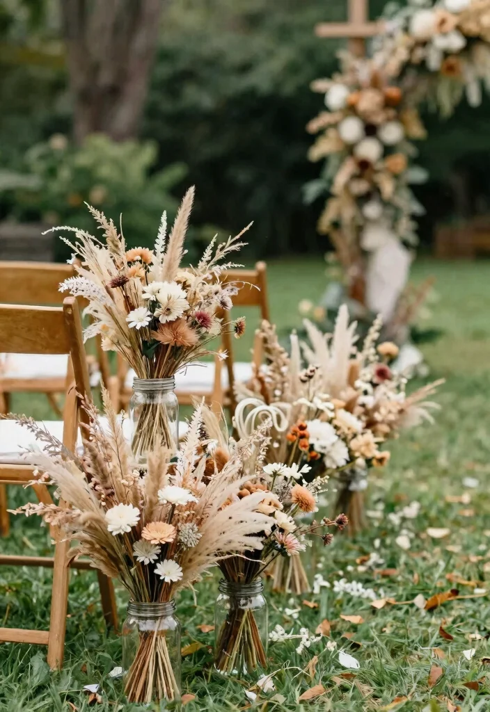 15 Wedding Aisle Decorations Outdoor That Won't Blow Away - 10. Dried Flower Bouquets 1