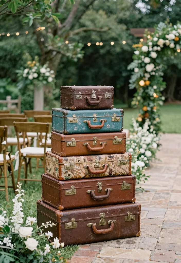 15 Wedding Aisle Decorations Outdoor That Won't Blow Away - 12. Vintage Suitcases 1