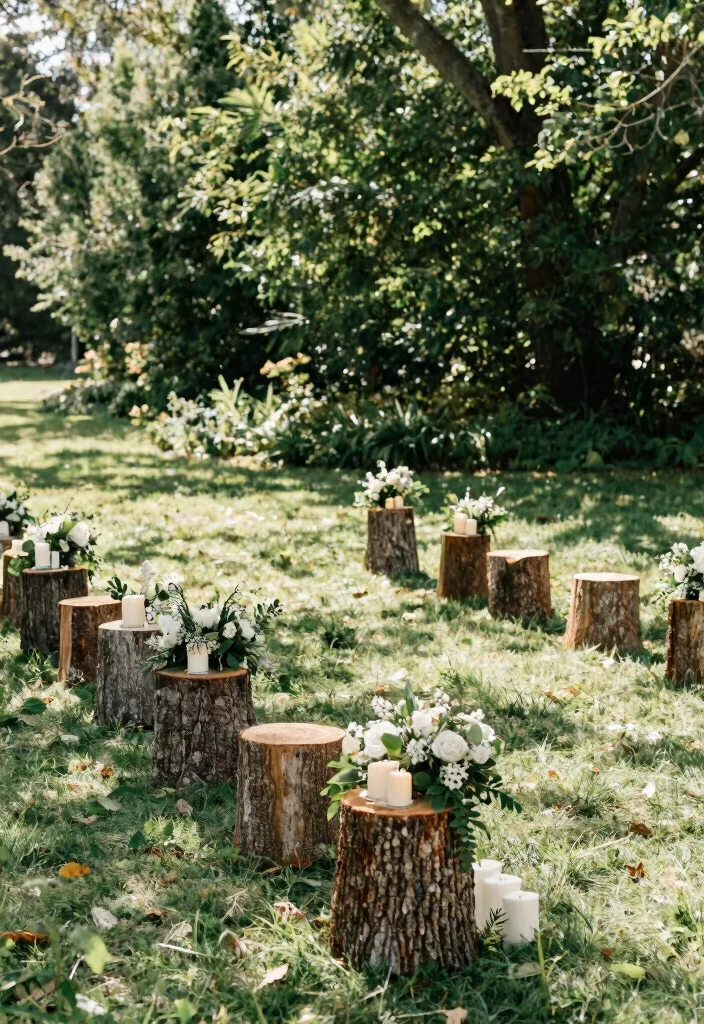 15 Wedding Aisle Decorations Outdoor That Won't Blow Away - 9. Tree Stumps 1
