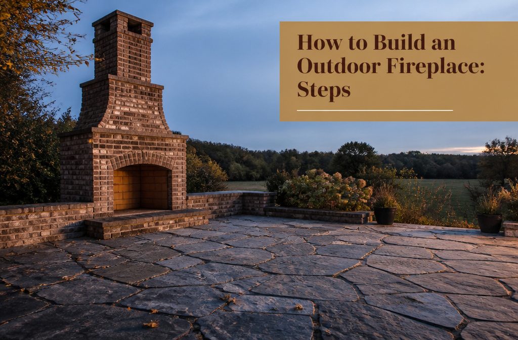 Outdoor brick fireplace beside a stone patio with its chimney rising above the firebox