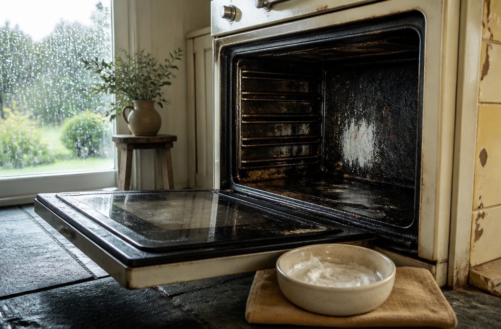 Open oven with greasy enamel floor and crumbs scattered along the bottom
