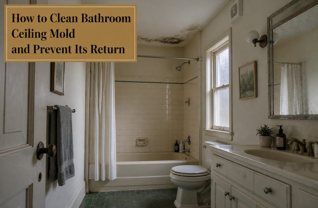 Bathroom shower sending steam upward toward a painted ceiling