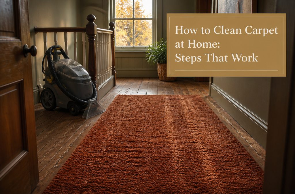 Home carpet with flattened walkway, dried coffee stain, lifted corner and backing tag